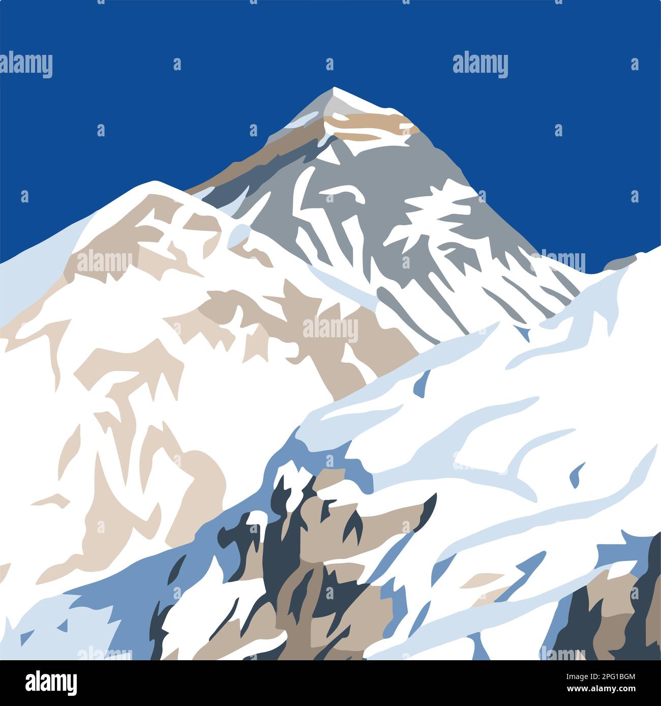 Sommet du mont Everest du côté népalais vu du pic Kala Patthar, illustration vectorielle, Mt Everest 8 848 m, vallée de Khumbu, parc national de Sagarmatha, Illustration de Vecteur