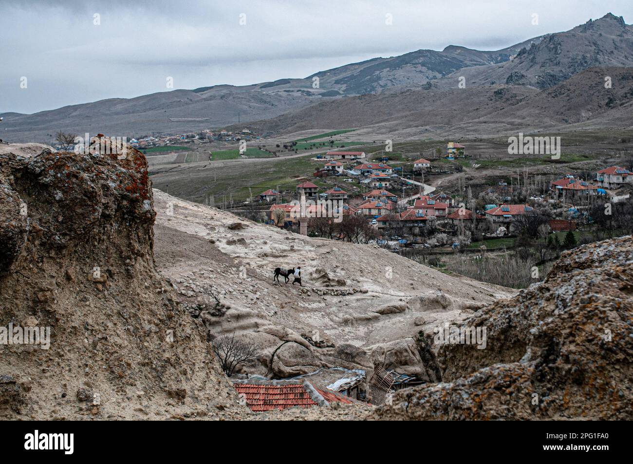 23 mars 2016, Afyonkarahisar, Turquie : une femme revient de la montagne avec son âne et prend la route du village. Dans le village de Kark?n d'Afyonkarahisar, avec une population de 339 habitants, les éleveurs élèvent principalement des moutons, des chèvres et des vaches dans les grottes situées juste à côté du village. Les villageois qui vivent de l'élevage disent qu'environ 50 grottes ont été utilisées pour le même but depuis 100 ans. Dans le village de Kark?n d'Afyonkarahisar, avec une population de 339 habitants, les éleveurs élèvent principalement des moutons, des chèvres et des vaches dans les grottes situées juste à côté du village. Les villageois qui vivent de l'anim Banque D'Images