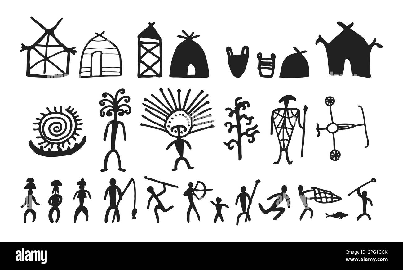 Cave peinture art rupestre préhistorique dessin manuel style scénario ensemble d'illustrations vectorielles. Peintures rupestres de l'âge des roches avec des peuples tribaux préhistoriques et du mal Illustration de Vecteur