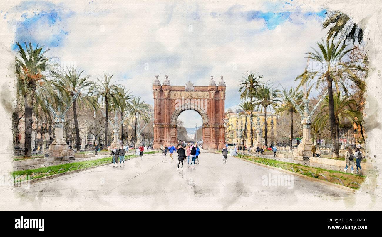 L'Arc de Triomf ou Arco de Triunfo à Barcelone, Espagne dans l'illustration de style aquarelle Banque D'Images