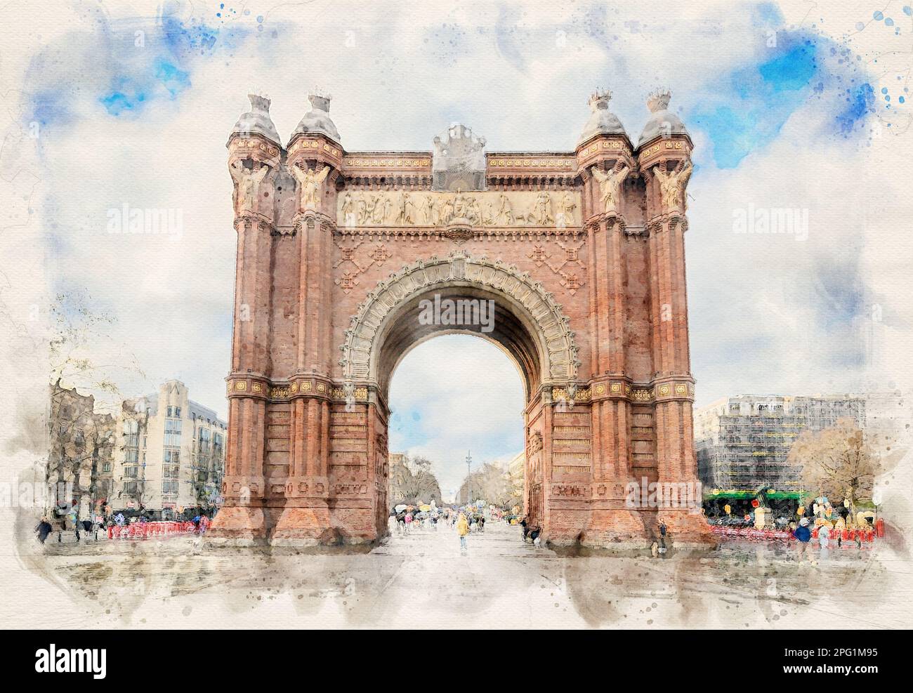L'Arc de Triomf ou Arco de Triunfo à Barcelone, Espagne dans l'illustration de style aquarelle Banque D'Images