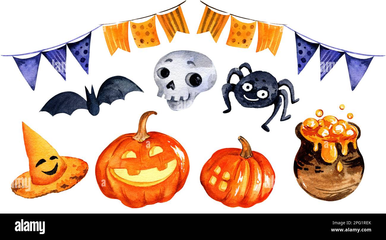 ensemble aquarelle de thème halloween avec chauve-souris, citrouille, araignée, chapeau et autres, illustration dessinée à la main, esquissez sur fond blanc Banque D'Images
