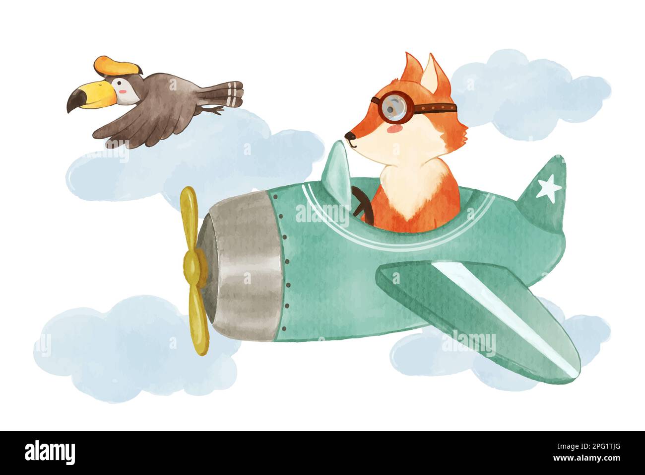Fox conduire l'avion sur le ciel avec un oiseau de charme . Peinture aquarelle réaliste avec papier texturé . Dessin de personnage de dessin animé . Vecteur . Illustration de Vecteur