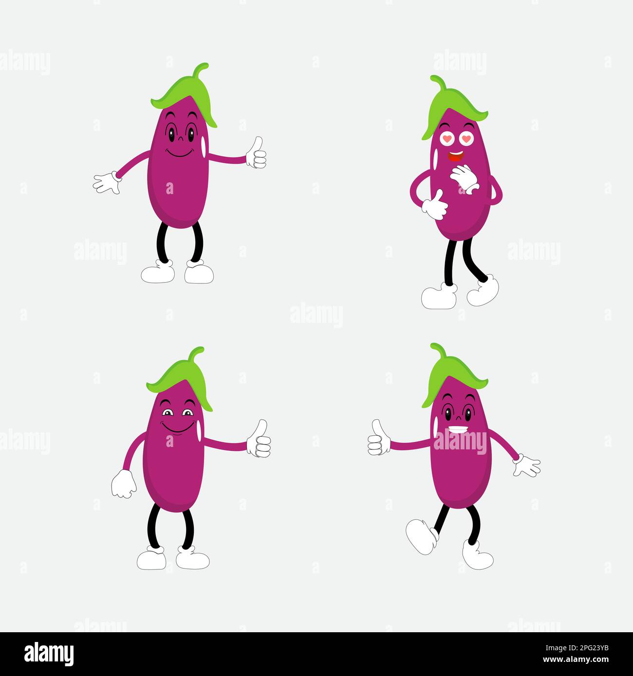 Illustration vectorielle de joli motif aubergines. Personnage de dessin animé d'aubergine plate. Motif de fruits aux aubergines violettes minimal pour les livres pour enfants Illustration de Vecteur