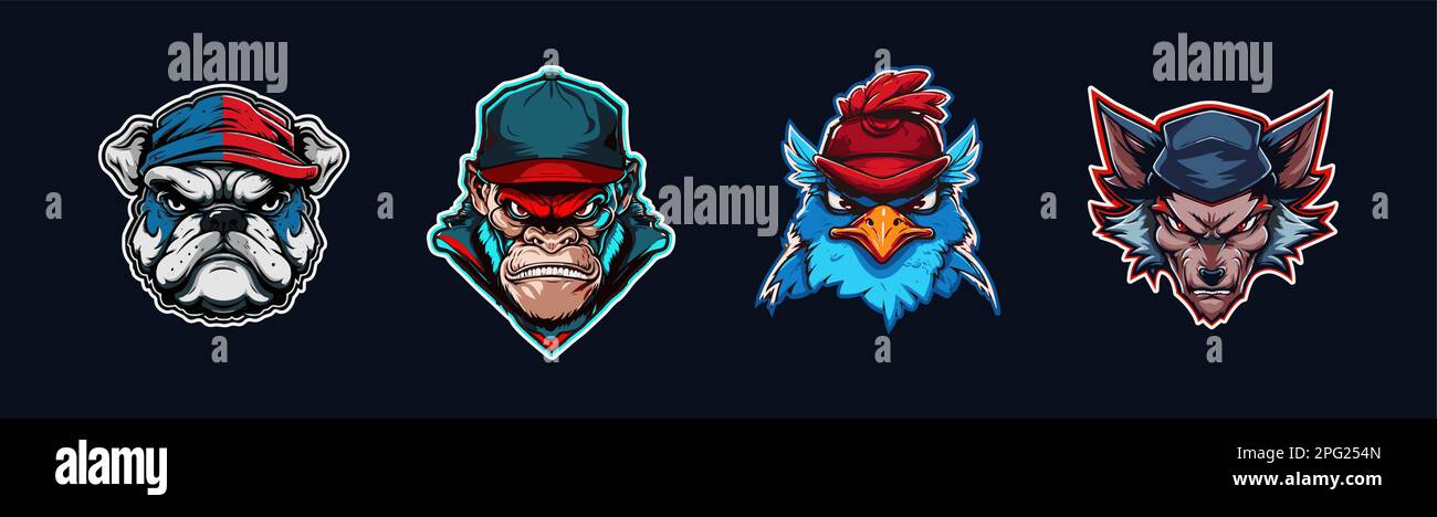 Collection de têtes d'animaux de dessin animé, logo sport rouge et bleu avec contour blanc. Visage en colère de caractères de bouledogue, de gorille, de cardinal et de loup. Équipe sportive Illustration de Vecteur