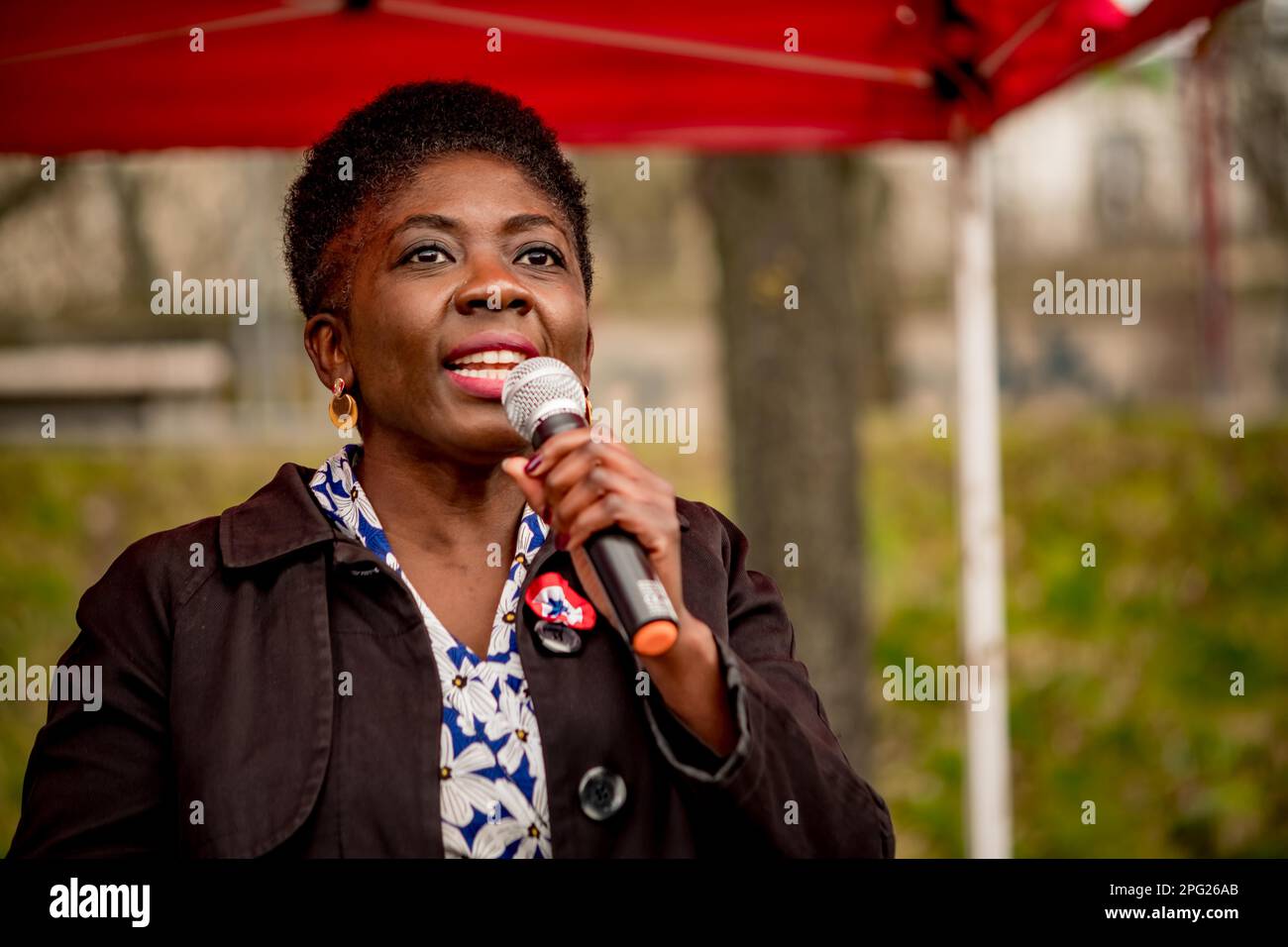 Daniele Obono. Réunion du NUPES à la place de Stalingrad à Paris pour définir le suivi du mouvement contre la réforme des retraites.#no russie Banque D'Images