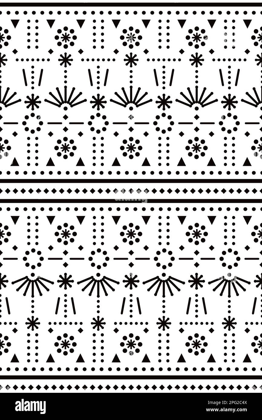 Imprimé textile ou tissu minimaliste motif vectoriel sans couture avec pois, lignes et fleurs, décoration d'art populaire en noir et blanc Illustration de Vecteur