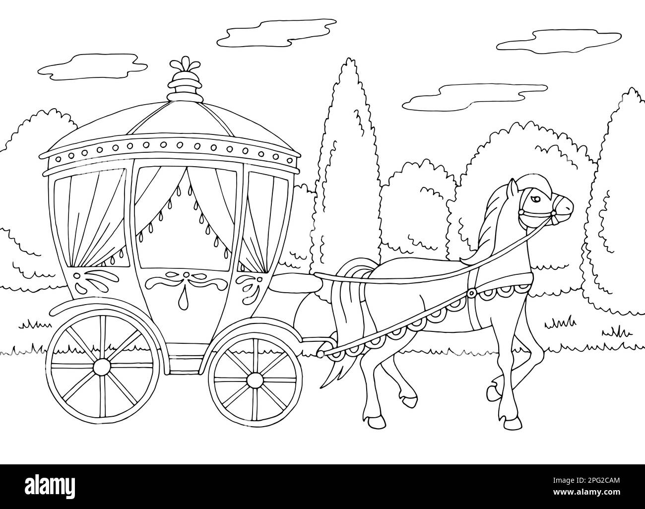 La couleur du chariot se déplace le long de la route graphique noir blanc vecteur d'illustration d'esquisse de paysage Illustration de Vecteur