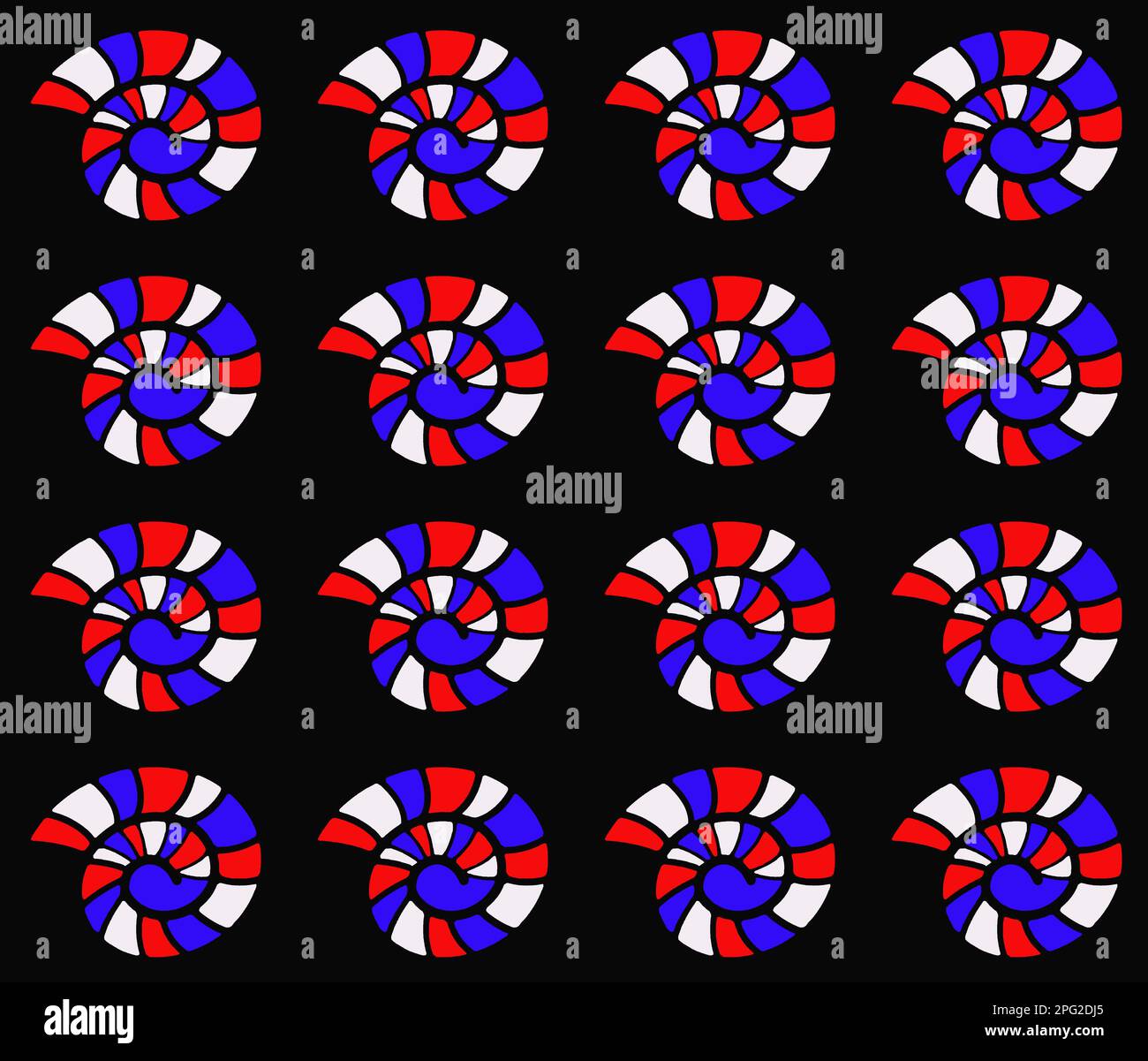 Motif abstrait ammonite rouge blanc et bleu Banque D'Images