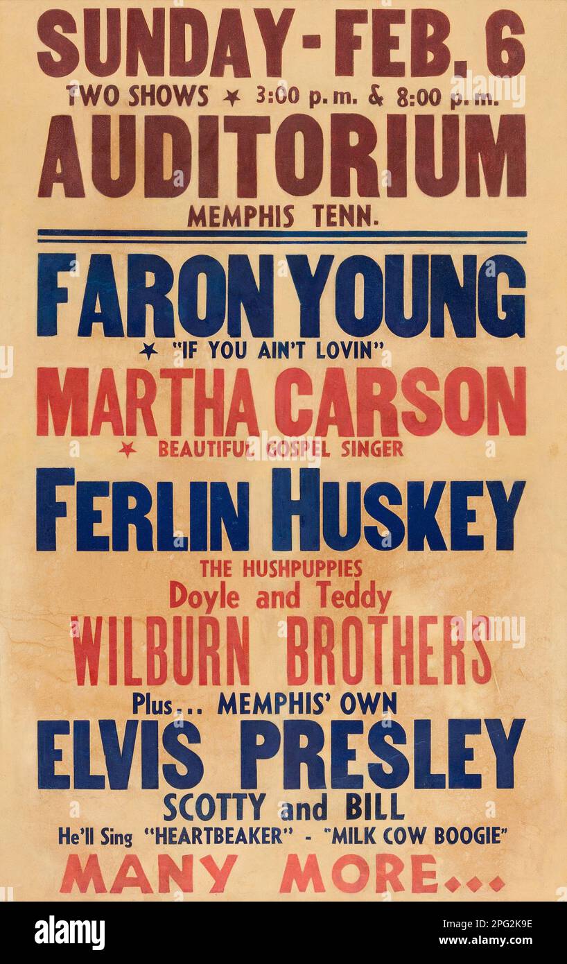 Auditorium - Elvis Presley, Scotty et Bill de Memphis - affiche de concert de l'ère des records du Soleil 1955 Banque D'Images Auditorium - Elvis Presley, Scotty et Bill de Memphis - affiche de concert de l'ère des records du Soleil 1955 Banque D'Images