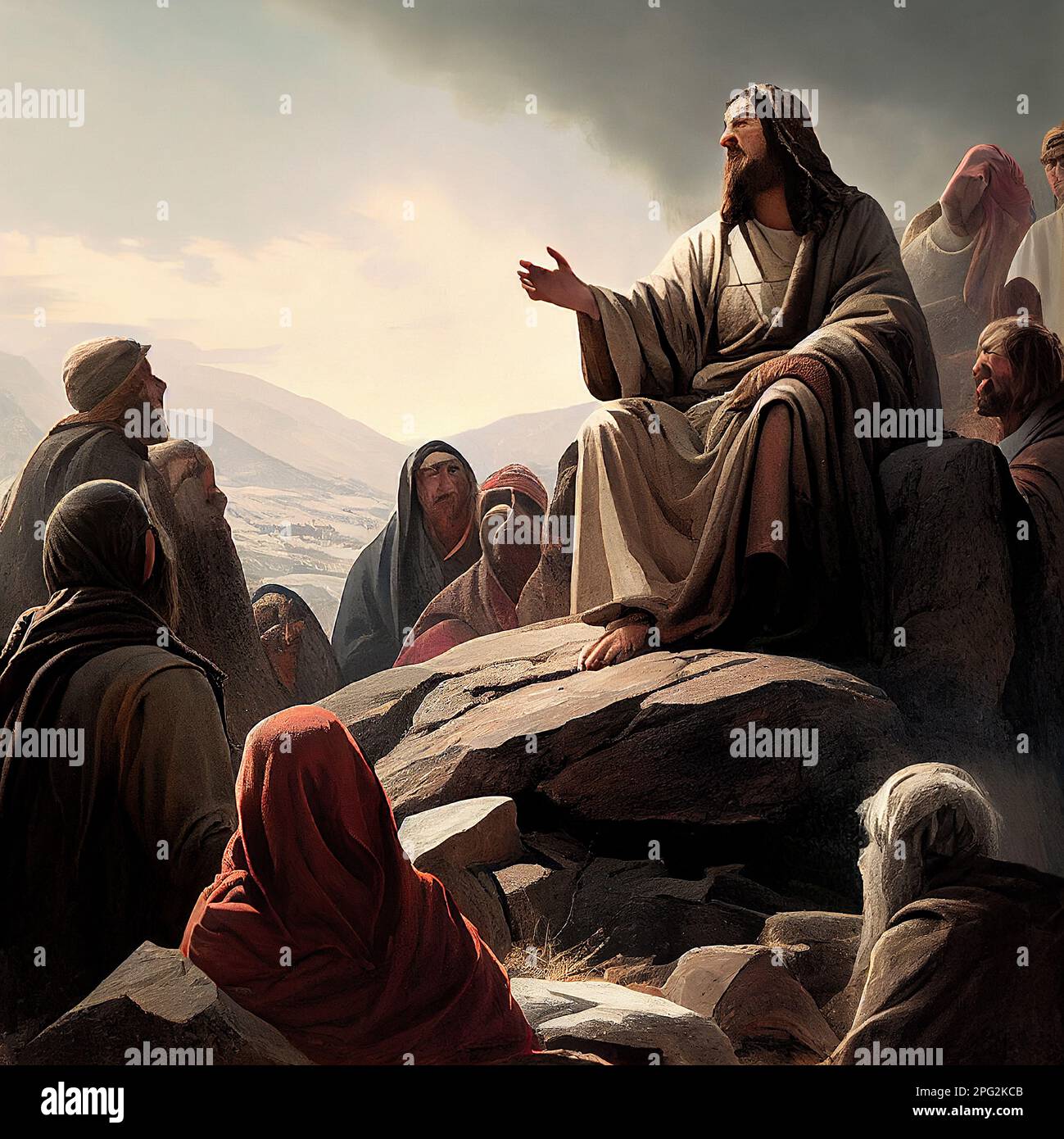 JésusChrist parle à un groupe de croyants dans le désert, la religion et la foi du