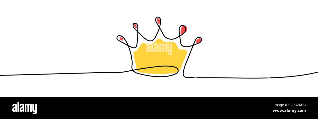 Couronne dorée dans un dessin d'art à une ligne. Symbole de l'icône du roi isolée sur fond blanc. Couronne avec pierres rouges. Illustration de Vecteur
