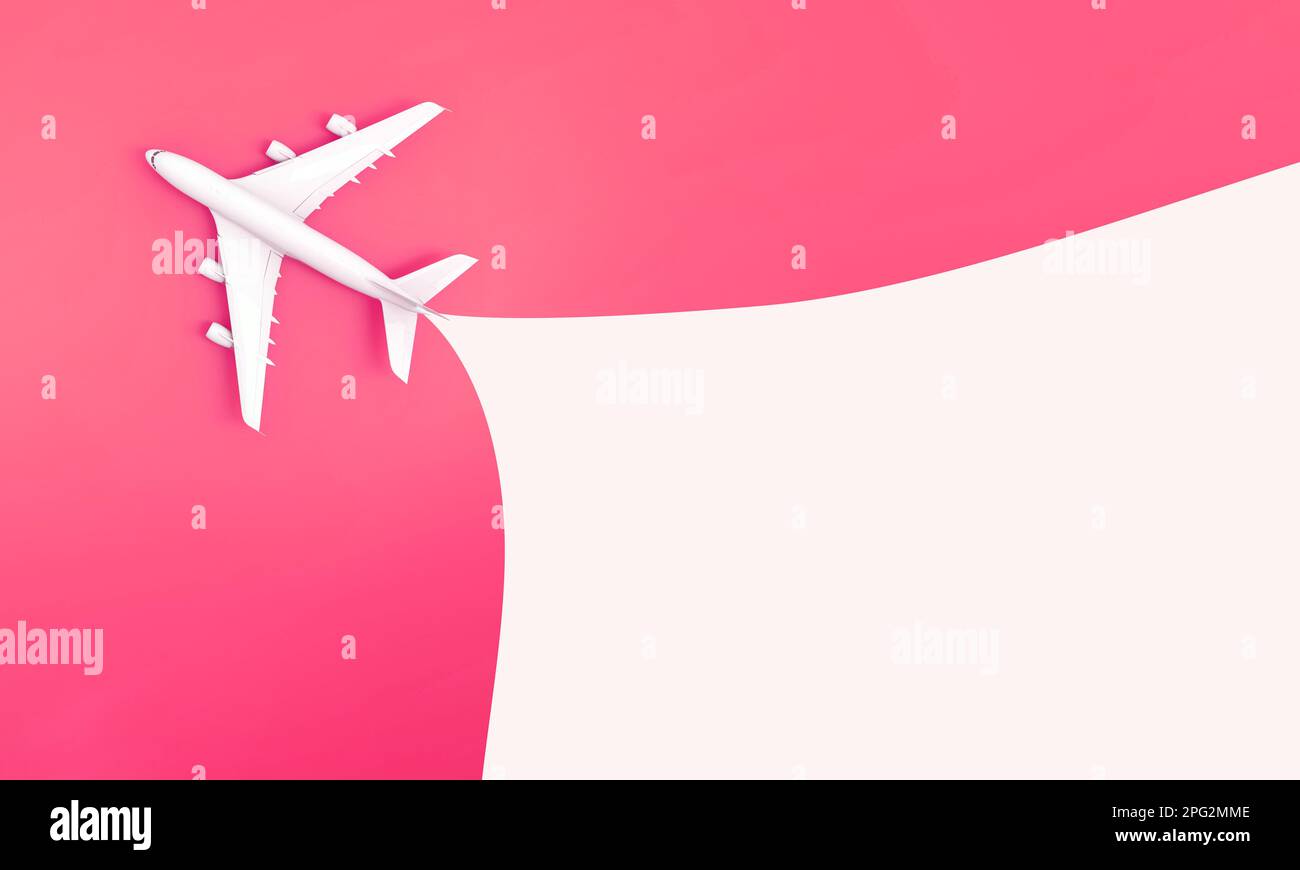 Avion avion piste d'avion sur fond rose et espace pour le message. Flat Lay conception de tourisme de vacances concept. 3d rendu. Banque D'Images