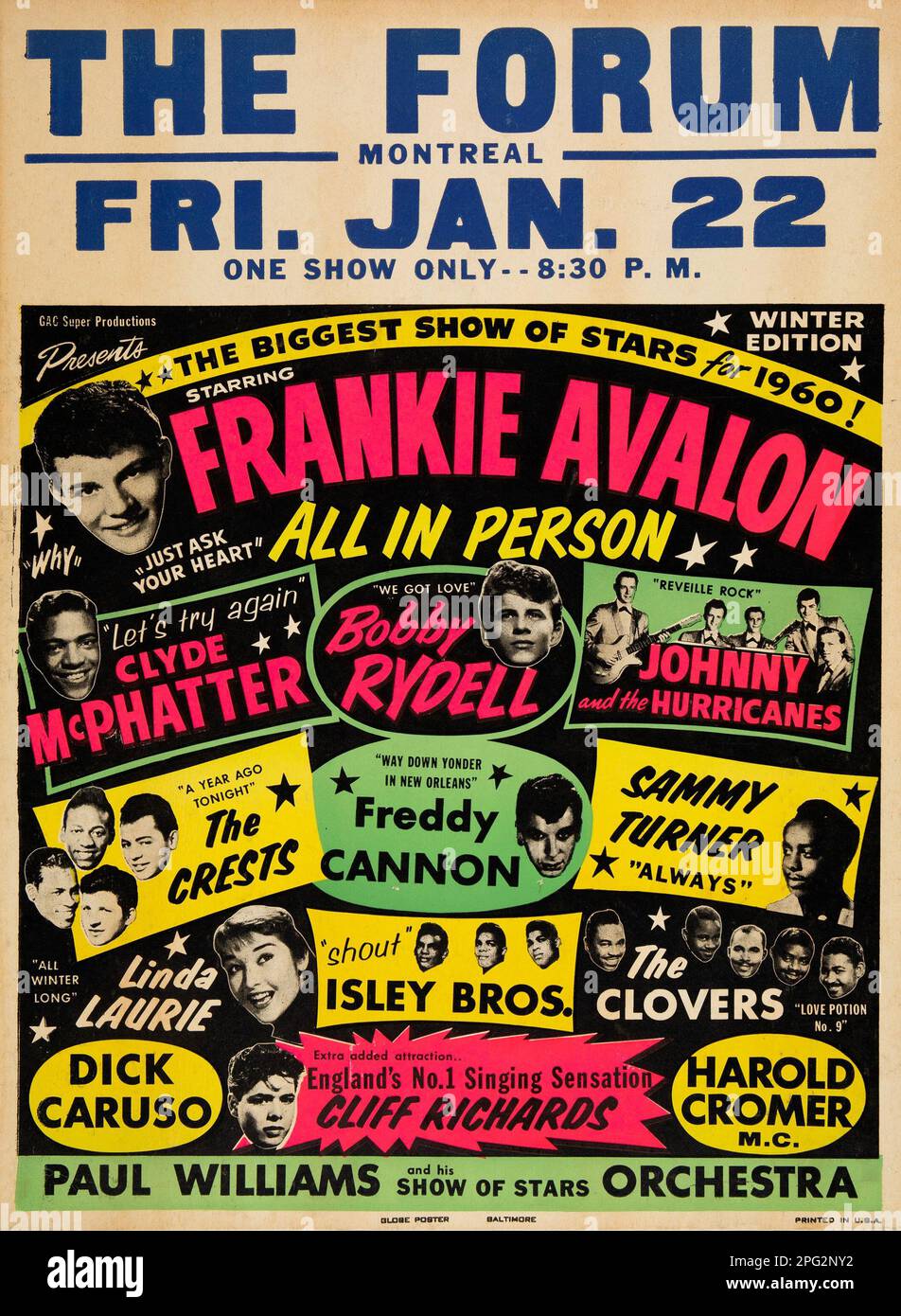 Le plus grand spectacle des étoiles pour 1960 - l'affiche du Forum Frankie Avalon, Clyde McPhatter, Bobby Rydell, Cliff Richards, Isley Bros Banque D'Images
