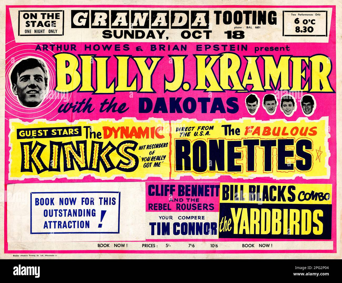 Granada Tooting - Billy J Kramer avec les Dakotas - les Kinks, les fabuleuses Ronettes, les Yardbirds, affiche de concert vintage 1960s Banque D'Images Granada Tooting - Billy J Kramer avec les Dakotas - les Kinks, les fabuleuses Ronettes, les Yardbirds, affiche de concert vintage 1960s Banque D'Images