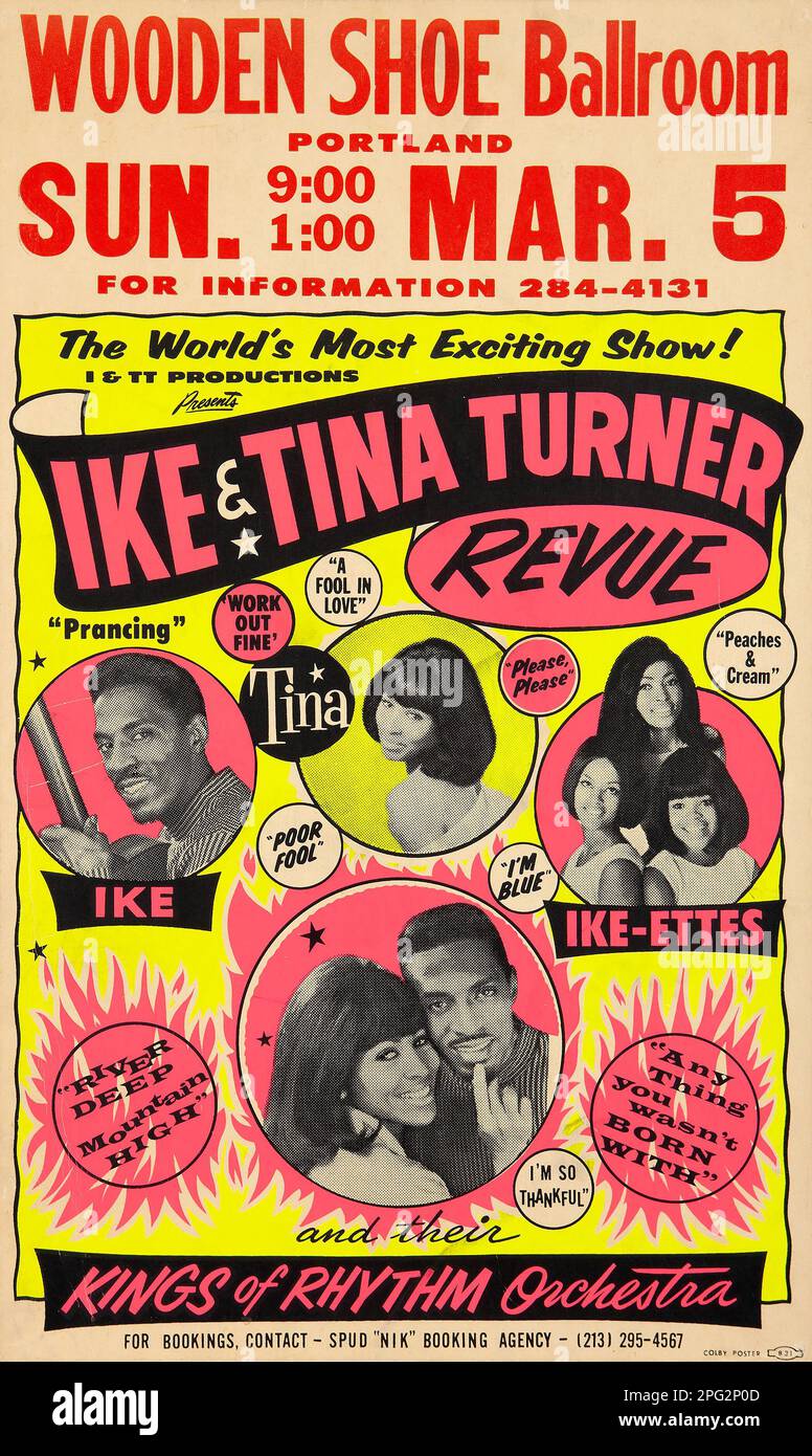 IKE & Tina Turner Revue 1967 - salle de bal à chaussures en bois - Poster de concert d'époque rose et jaune vif Ike & Tina Turner Revue 1967 - salle de bal à chaussures en bois - Poster de concert d'époque rose et jaune vif-Glo Banque D'Images