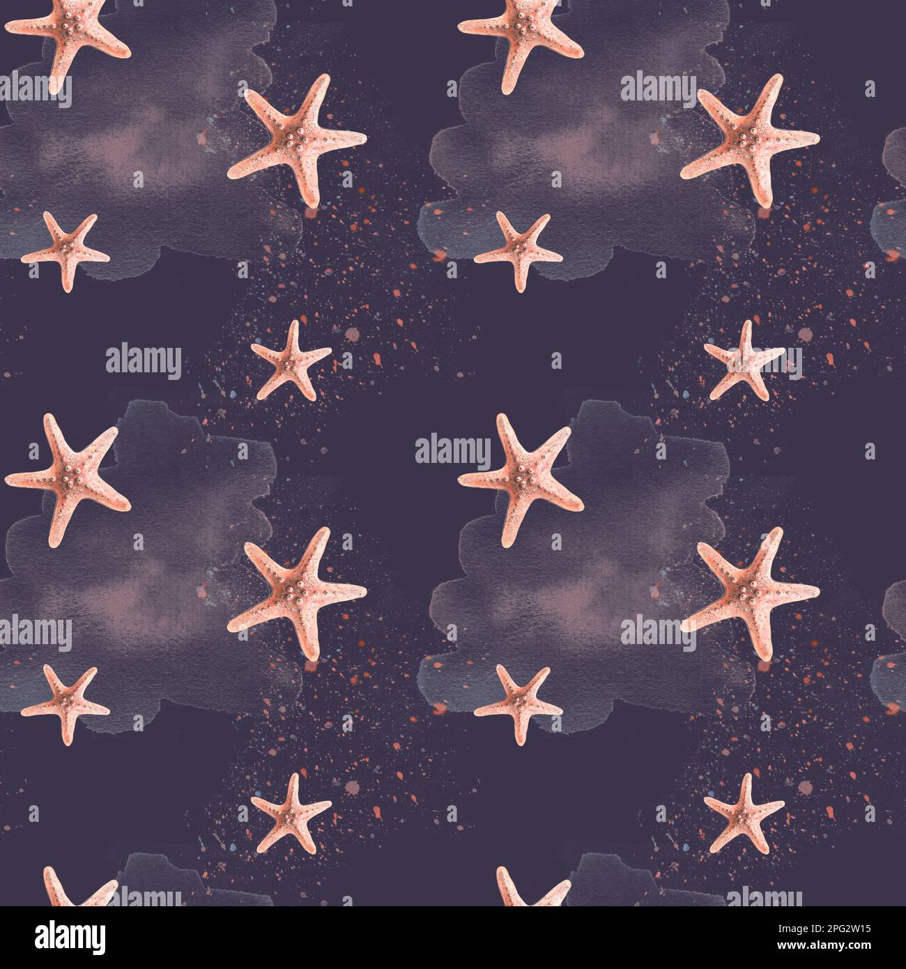 Étoiles de mer de couleur corail aux éclaboussures et aux touches de peinture sur un fond bleu foncé. Illustration aquarelle. Motif sans couture de MEDUSA ET SEA Banque D'Images