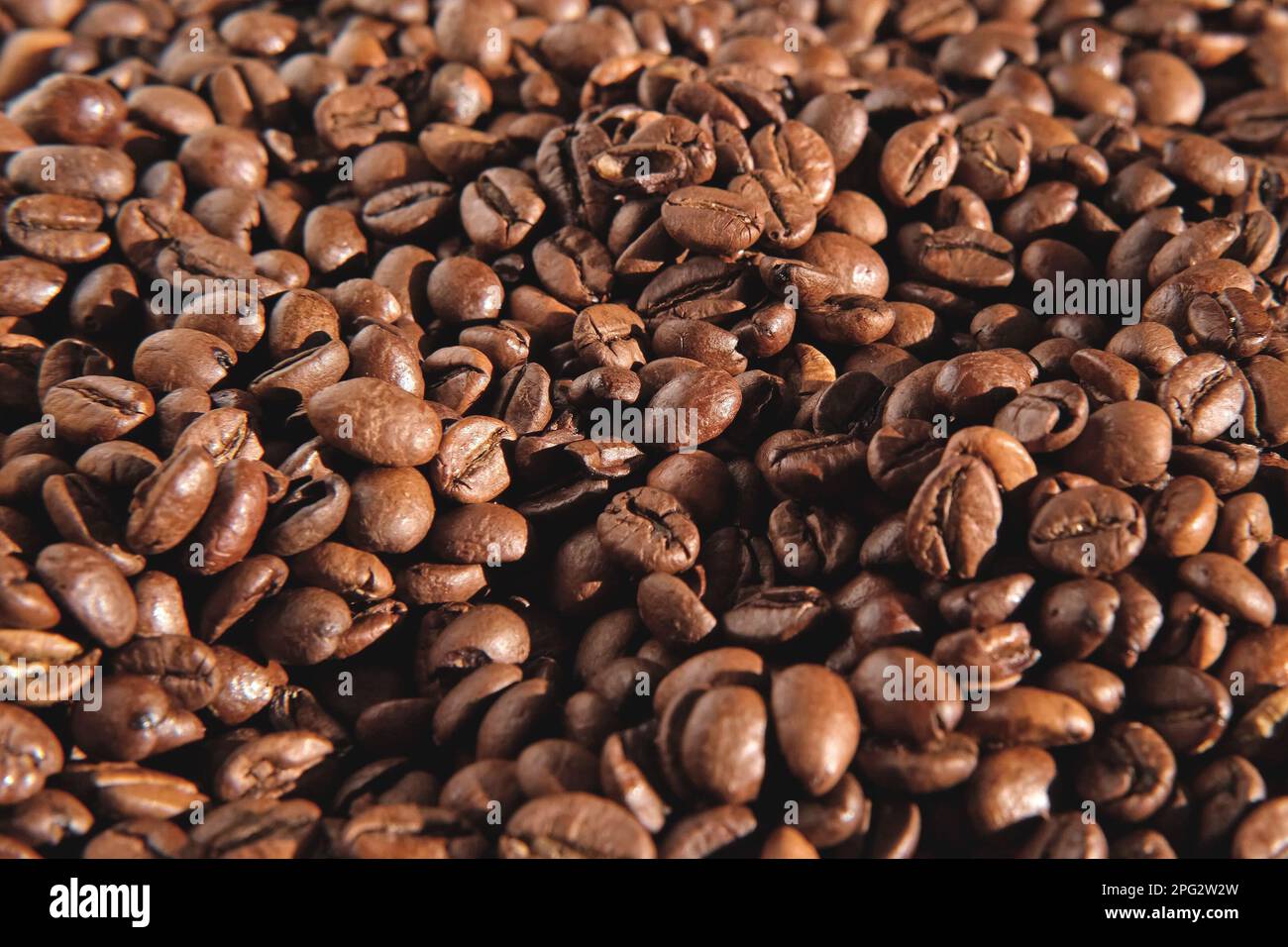 Fond de grains de café. Gros plan sur la texture des grains de café. Le café torréfié brun foncé tourne. Abondance. Concept pour la publicité des produits du café. S Banque D'Images
