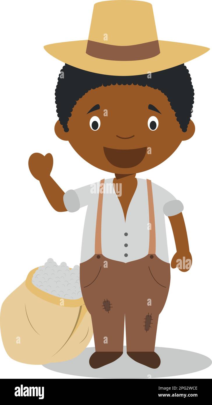 Personnage de dessin animé esclave de plantation avec sac en coton. Illustration vectorielle. Collection d'histoire pour enfants. Illustration de Vecteur