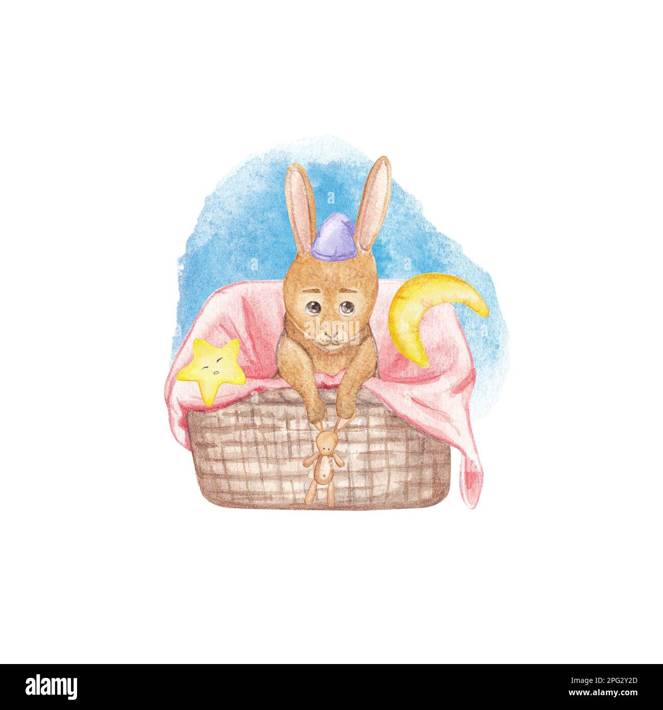 Un joli lapin est assis dans un panier avec une aquarelle sur un fond blanc. illustration aquarelle pour enfants. Imprimé enfants avec animaux de la forêt Banque D'Images