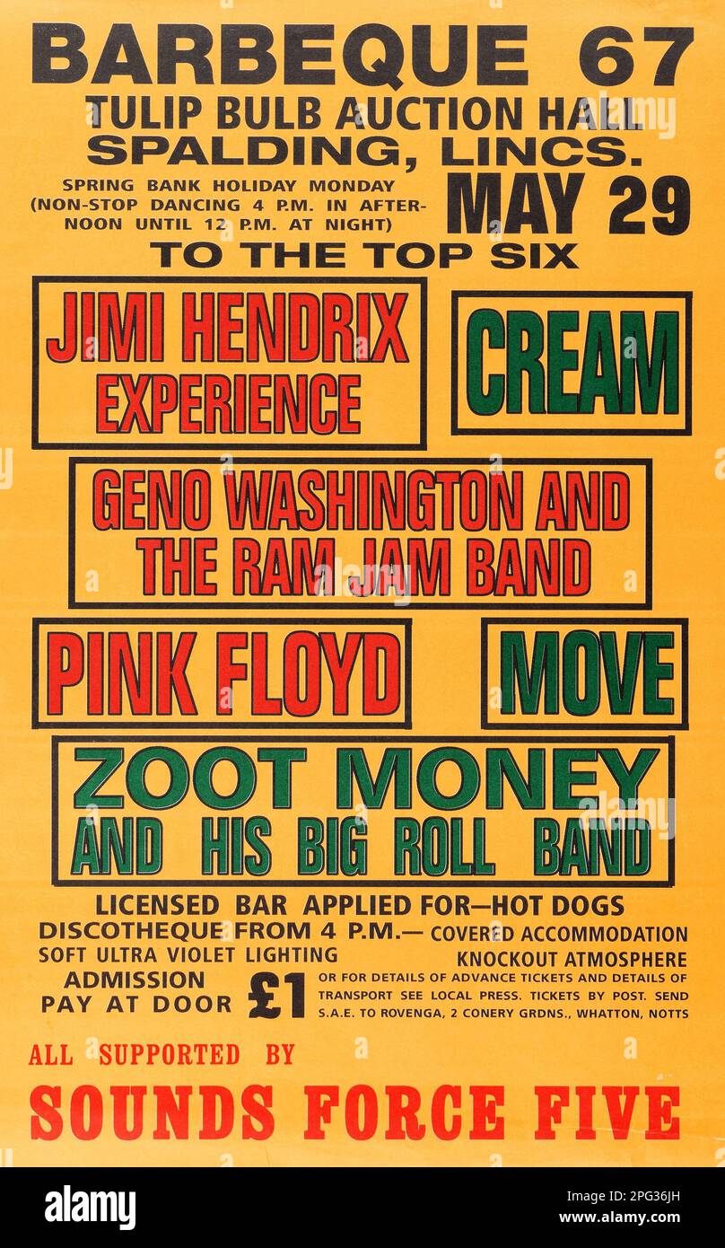 BARBECUE 67 - Jimi Hendrix, crème, Pink Floyd, The Move Mai 29 1967 affiche de concert britannique - Tulip Bulb Auction Hall Spalding Lincs. Cream, Pink Floyd, Move, Zoot Money Banque D'Images