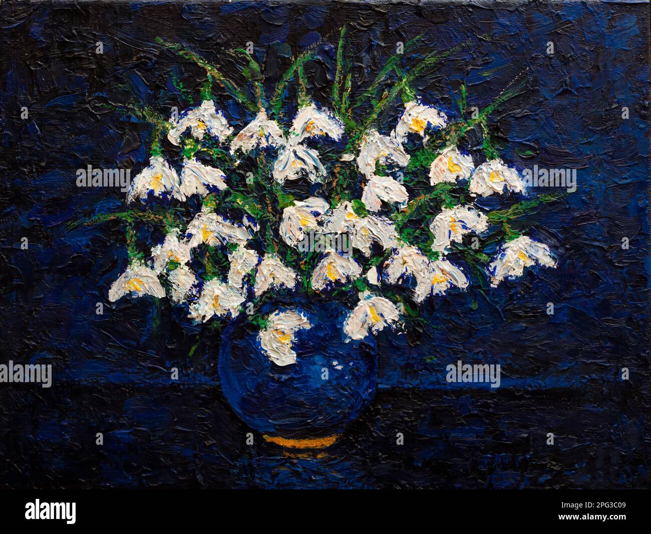 gouttes de neige blanches dans un vase bleu. huile de peinture originale sur toile 30x40 cm Banque D'Images