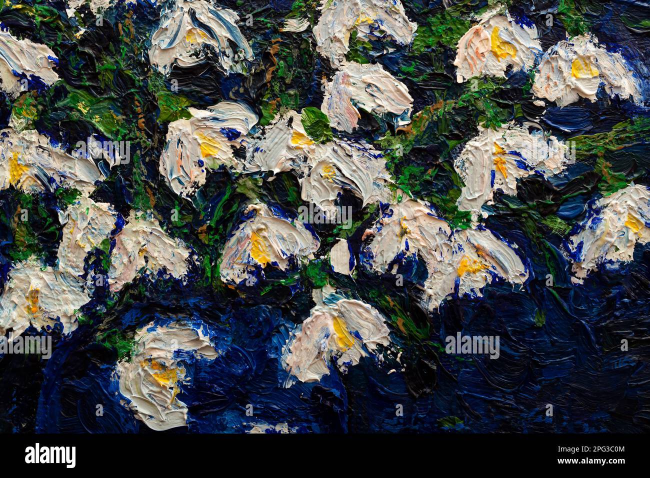 gouttes de neige blanches dans un vase bleu. huile de peinture originale sur toile 30x40 cm. fragment.gros plan Banque D'Images