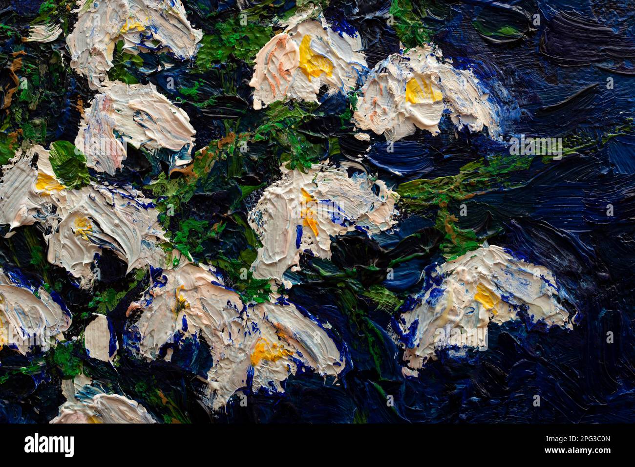 gouttes de neige blanches dans un vase bleu. huile de peinture originale sur toile 30x40 cm. fragment.gros plan Banque D'Images