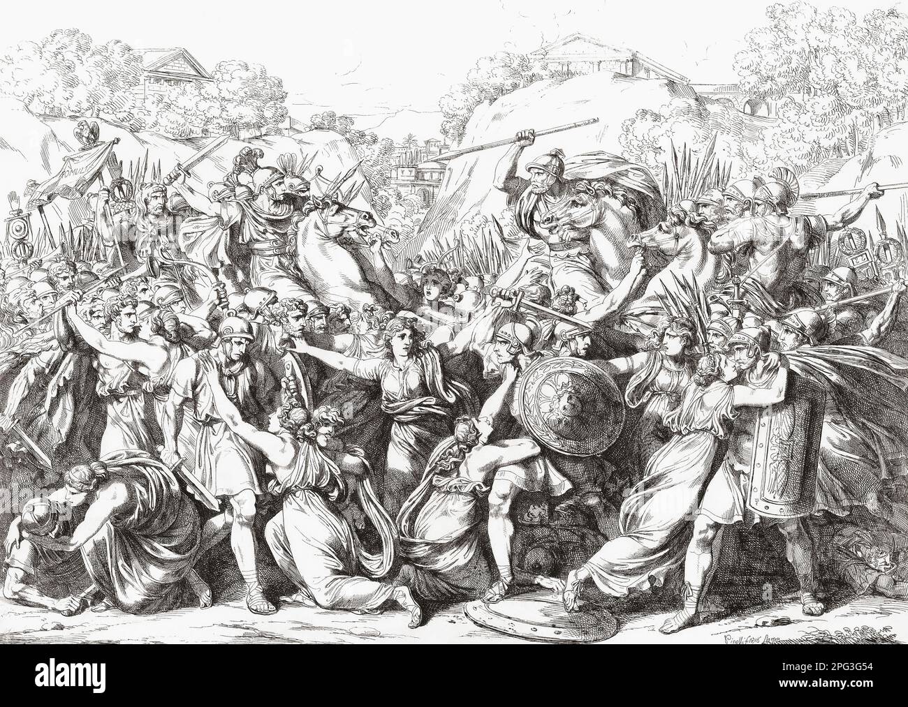 Les Sabines interviennent entre les parties en guerre dans la bataille du Curtius Lacus. Un incident dans la mythologie romaine. Après une œuvre de Bartolomeo Pinelli datant de 19th ans. Banque D'Images