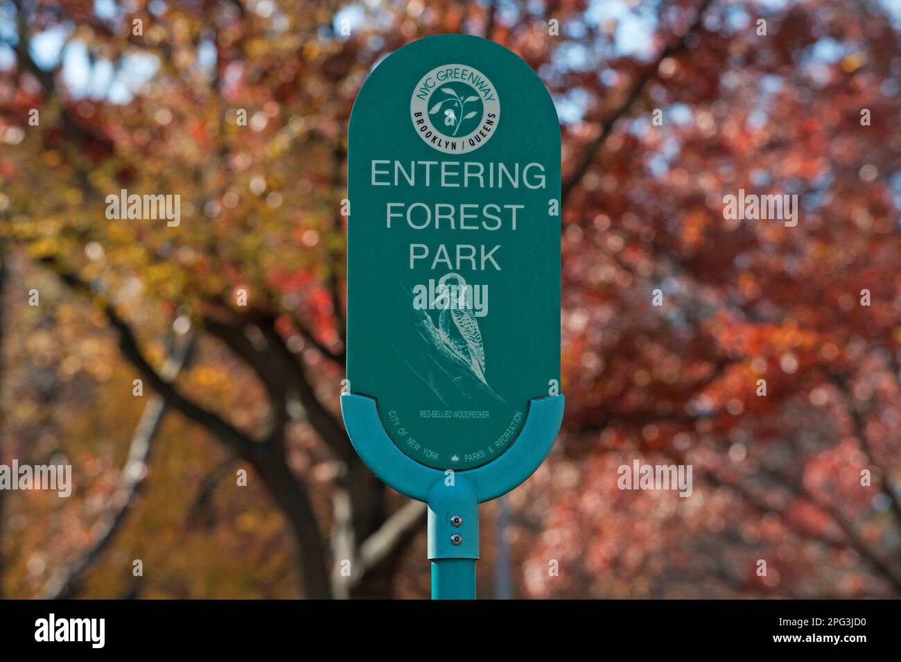 Signalisation sur la piste cyclable du parc forestier Banque D'Images