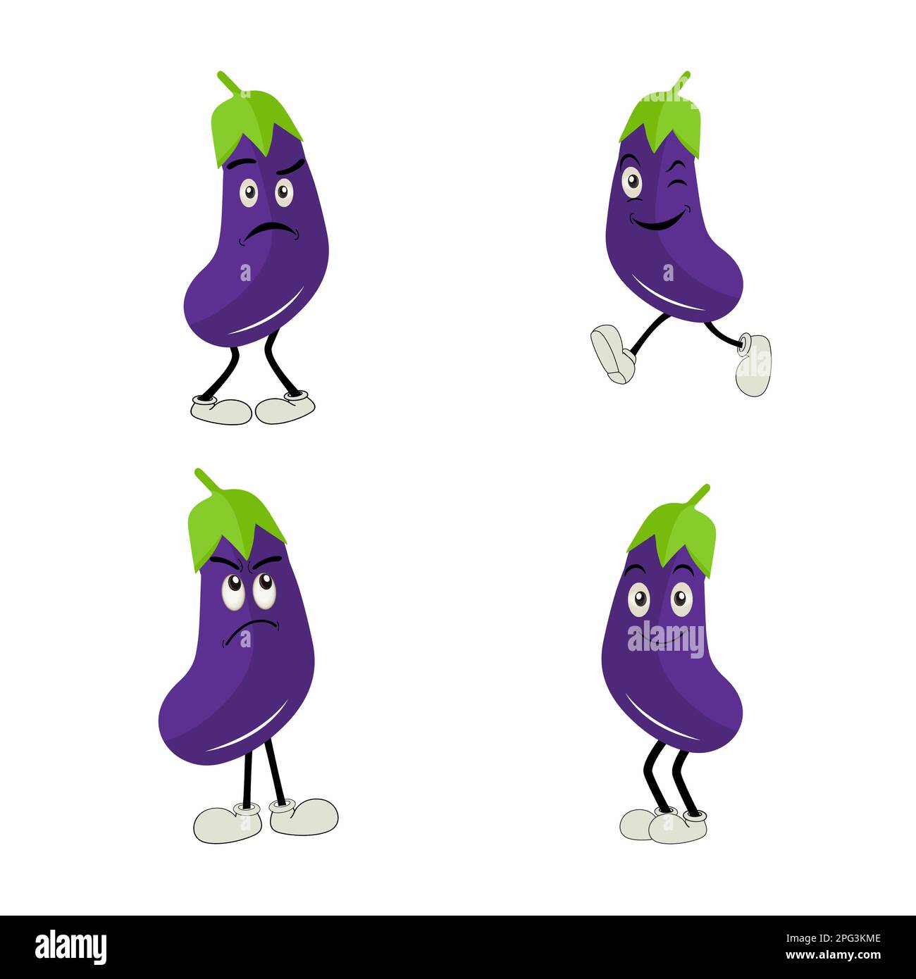 Illustration vectorielle de joli motif aubergines. Personnage de dessin animé d'aubergine plate. Motif de fruits aux aubergines violettes minimal pour les livres pour enfants. Aubergine Illustration de Vecteur