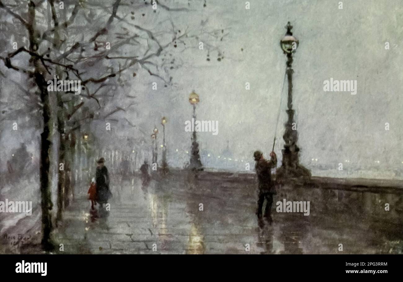 The Last Lamp, Thames Embankment aquarelle peinte par Rose Barton dans le livre « Familiar London » publié en 1904 par A. et C. Black à Londres Banque D'Images