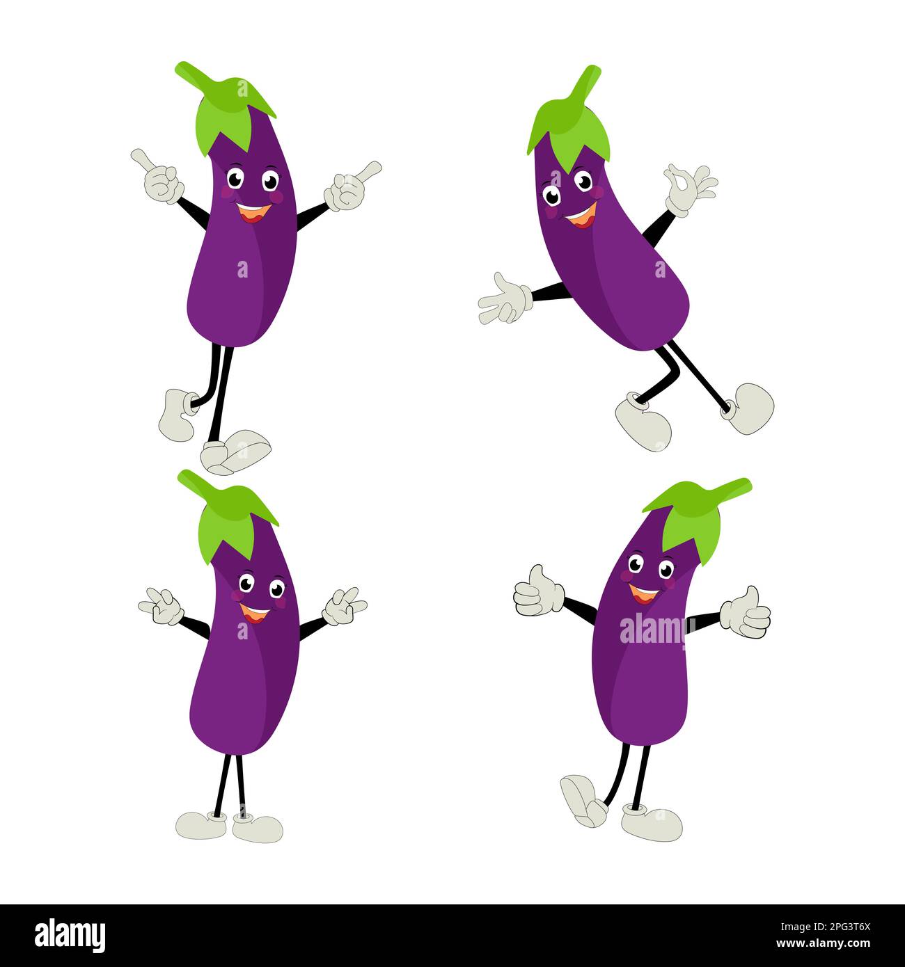 Illustration vectorielle de joli motif aubergines. Personnage de dessin animé d'aubergine plate. Motif de fruits aux aubergines violettes minimal pour les livres pour enfants. Aubergine Illustration de Vecteur