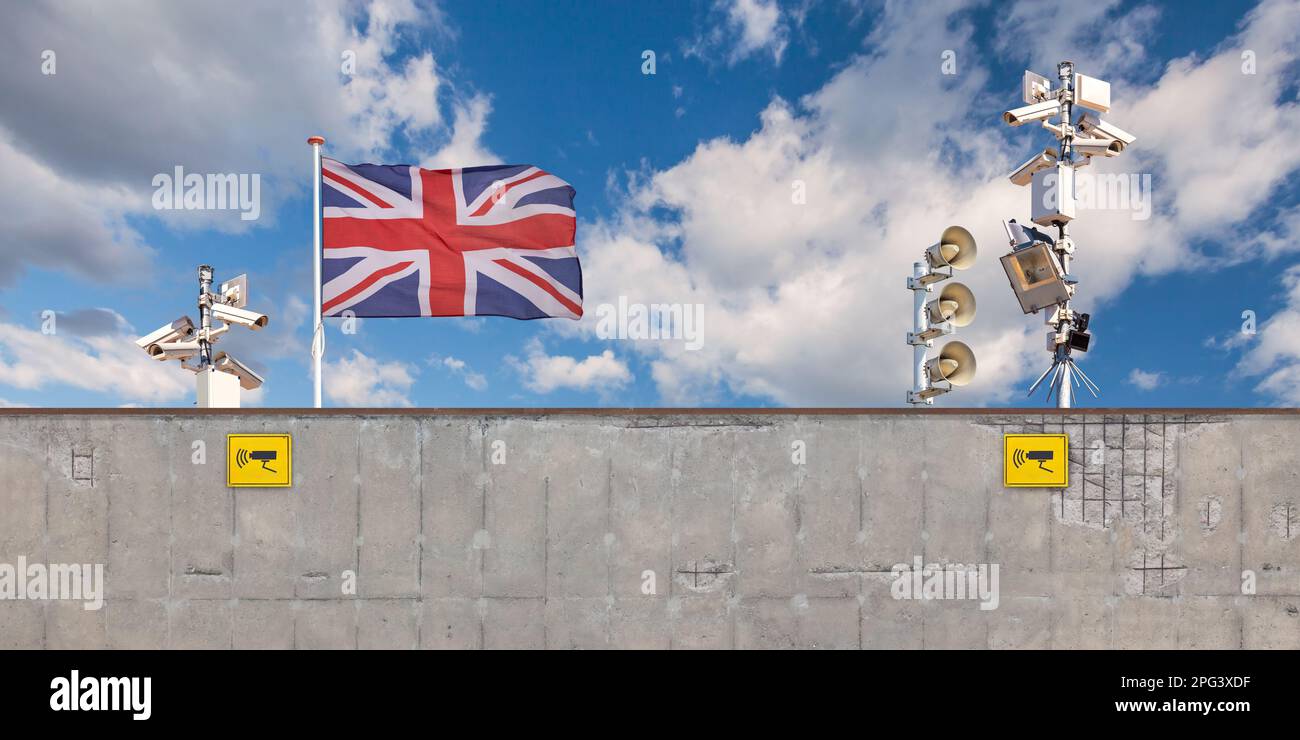 Image conceptuelle d'un mur de sécurité à la frontière anglaise avec drapeau britannique et caméras de surveillance Banque D'Images