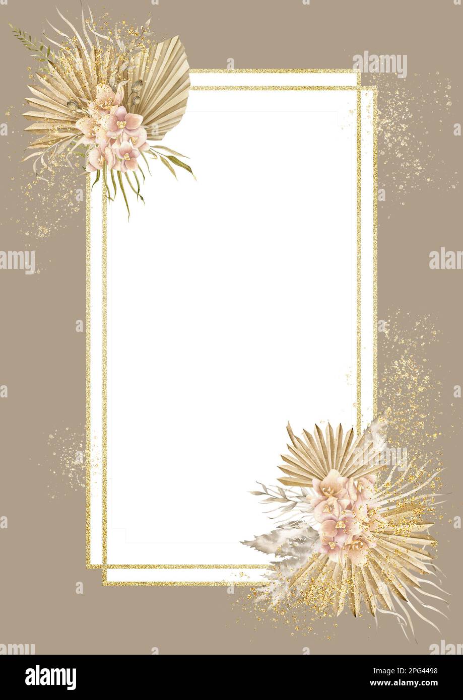 Modèle vertical aquarelle avec fleurs séchées de style Boho pour cartes de vœux ou invitations de mariage. Cadre rectangulaire fleuri à texture dorée et fleurs exotiques. Illustration dessinée à la main. Banque D'Images