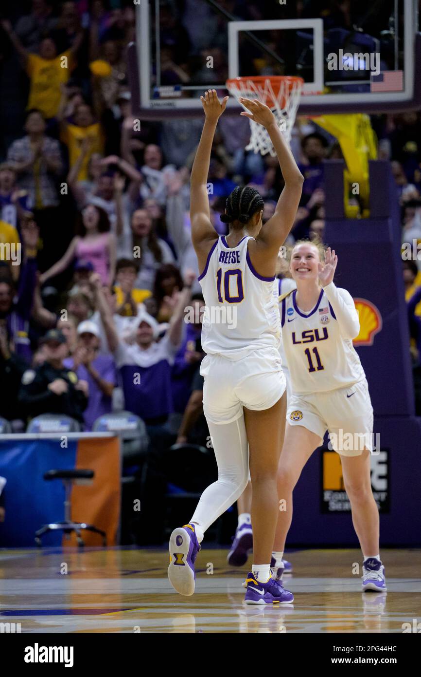 LSU forward Angel Reese (10) celebrates a basket with LSU forward Emily