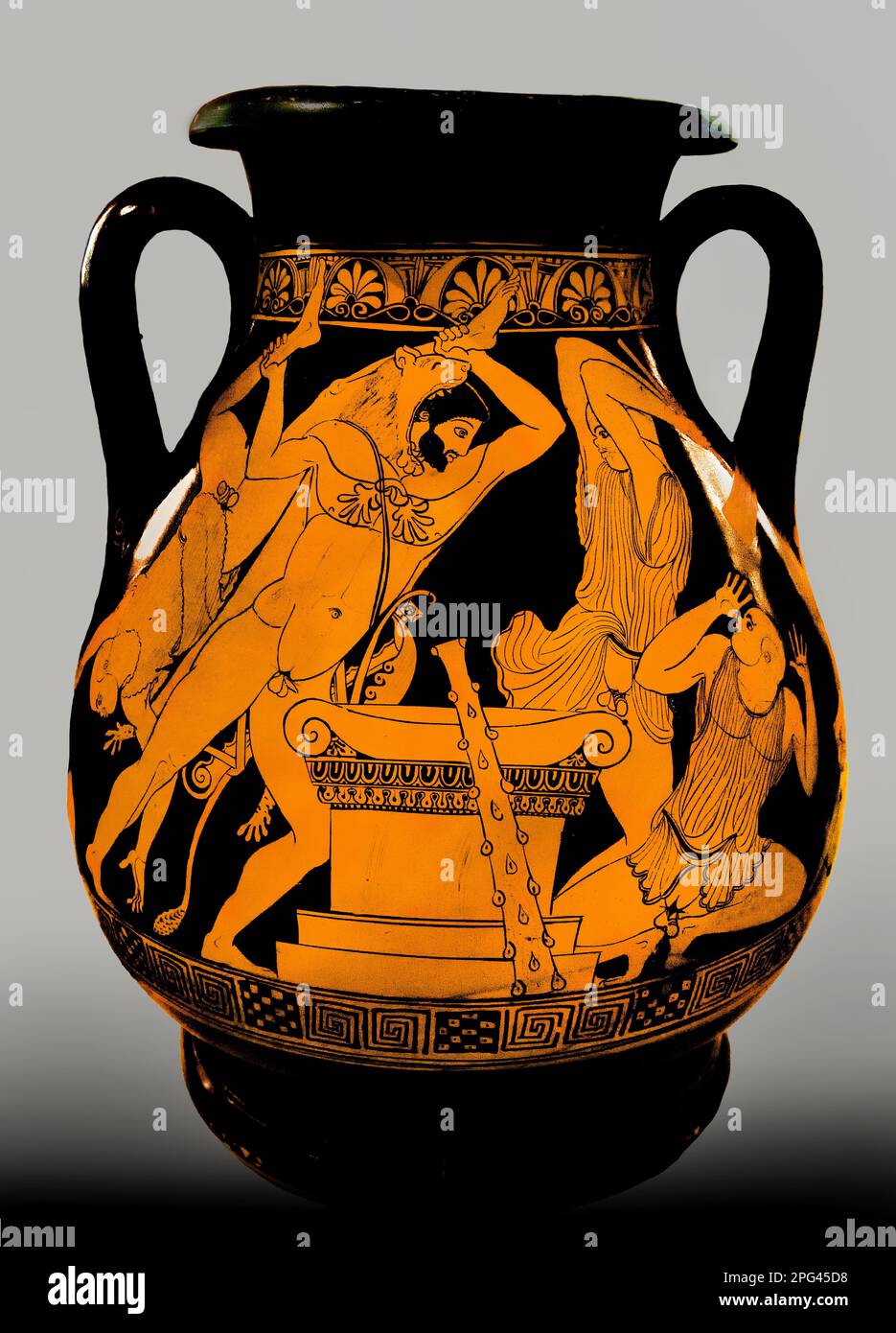 Herakles - Heracles Boeotia. Par le Pan Painter. CA 470 B. C Musée archéologique national, Athènes, Grèce, Grèce., Athènes, grec, Grèce.( aventure d’Herakles en Égypte, où le roi Busiris prévoyait de le sacrifier pour sauver son pays de la sécheresse. Herakles ayant attrapé un prêtre par son pied attaque Busiris lui-même et ses prêtres devant l'autel) Attique figure rouge pelike. De Thespies Banque D'Images