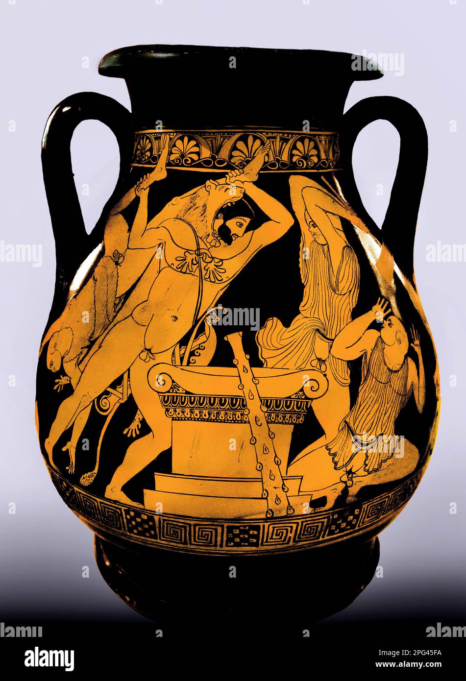 Herakles - Heracles Boeotia. Par le Pan Painter. CA 470 B. C Musée archéologique national, Athènes, Grèce, Grèce., Athènes, grec, Grèce.( aventure d’Herakles en Égypte, où le roi Busiris prévoyait de le sacrifier pour sauver son pays de la sécheresse. Herakles ayant attrapé un prêtre par son pied attaque Busiris lui-même et ses prêtres devant l'autel) Attique figure rouge pelike. De Thespies Banque D'Images