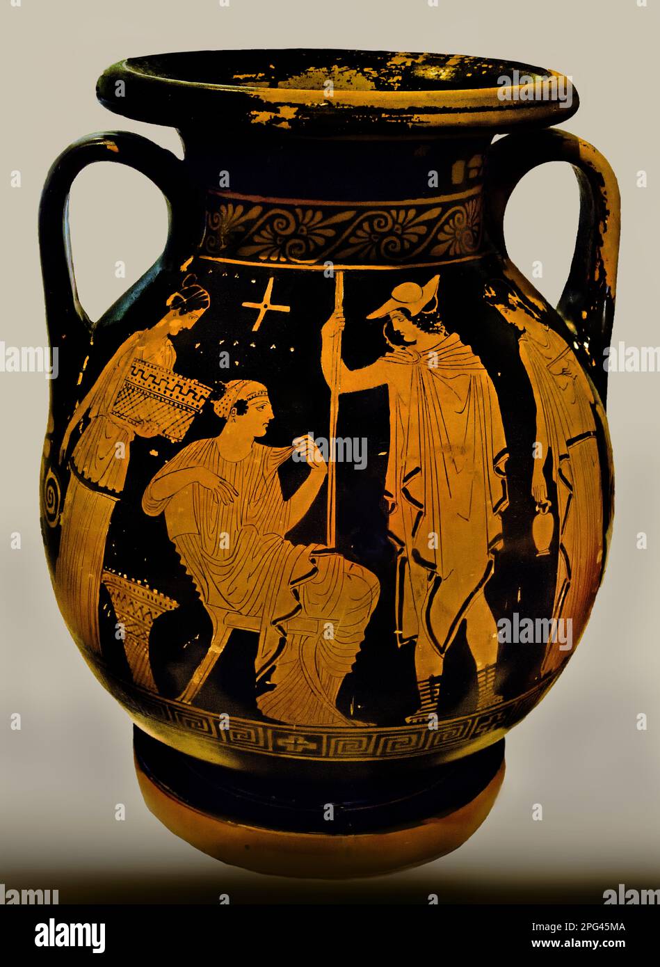 Pelike, Paris et Hélène entre deux servantes, d'Athènes, du groupe de Polygnotos, 450-425 BC Musée archéologique national, Athènes, Grèce, Grèce. Banque D'Images