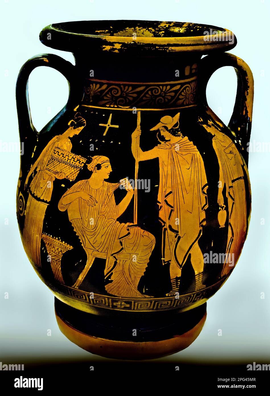 Pelike, Paris et Hélène entre deux servantes, d'Athènes, du groupe de Polygnotos, 450-425 BC Musée archéologique national, Athènes, Grèce, Grèce. Banque D'Images