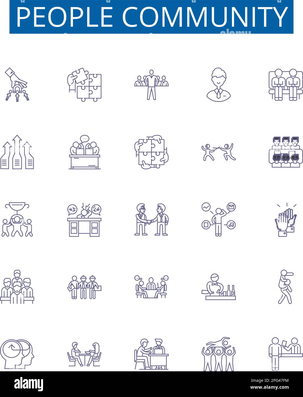 Les affiches des icônes de la ligne communautaire des personnes sont mises en place. Collection de conception de communauté, personnes, réseau, Groupe, Communitas, Concept de liaison, unité, Programme de bourses Illustration de Vecteur