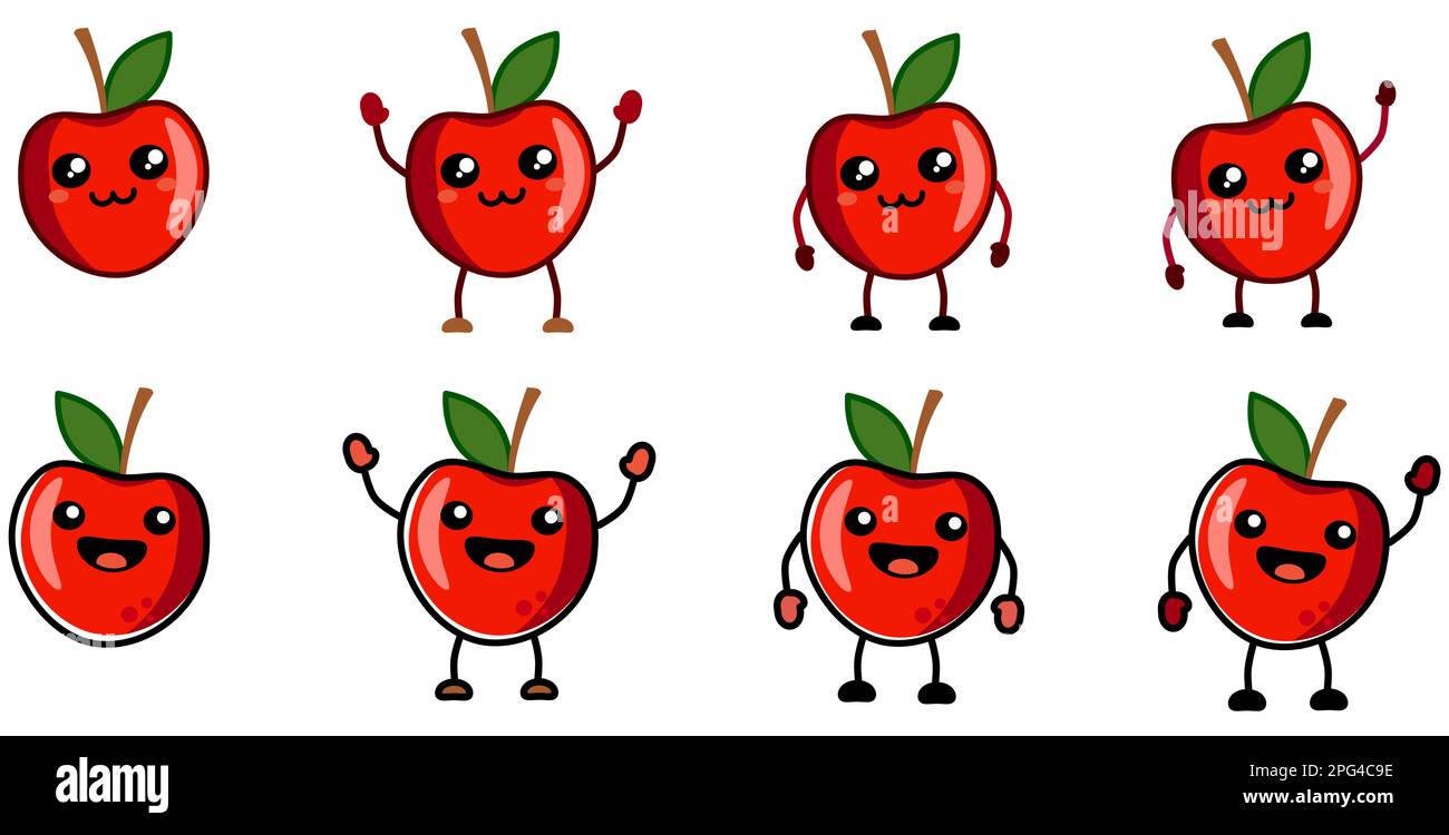 Adorable icône de pomme rouge style kawaii, souriant. Version avec les mains levées, abaissés et en agitant Illustration de Vecteur