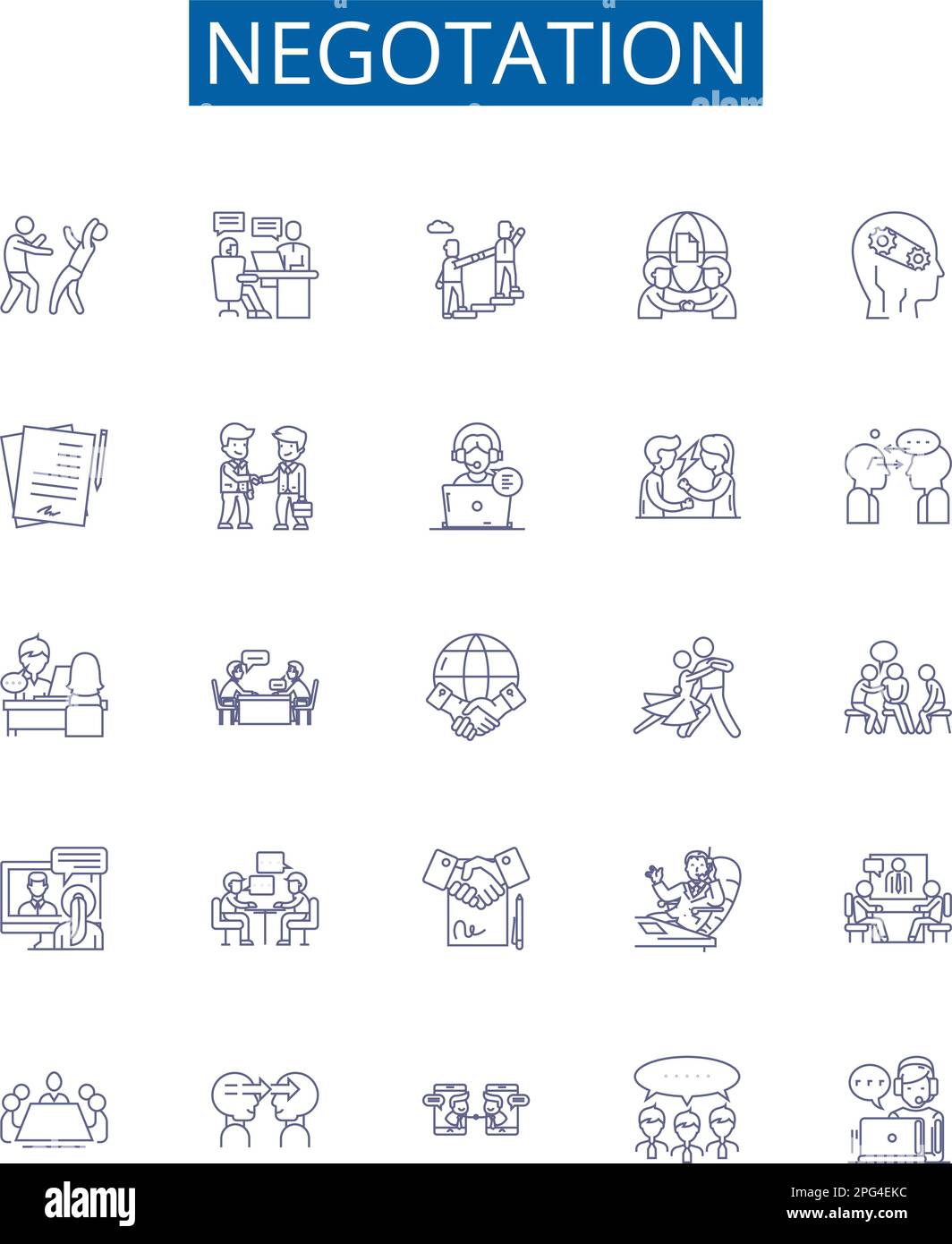 Ensemble de panneaux d'icônes de ligne de négation. Conception de la collection de négocier, haggle, discuter, négocier, médiate, arbitrer, parley, soutenir le vecteur de concept de contour Illustration de Vecteur