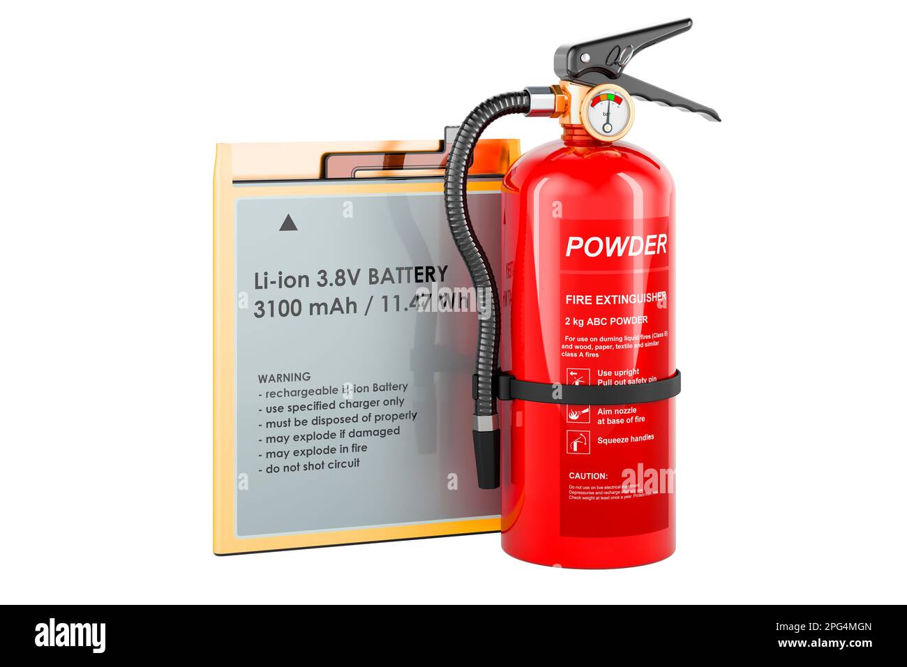Extincteur avec batterie, accumulateur batterie lithium-ion pour téléphone cellulaire, 3D rendu isolé sur fond blanc Banque D'Images