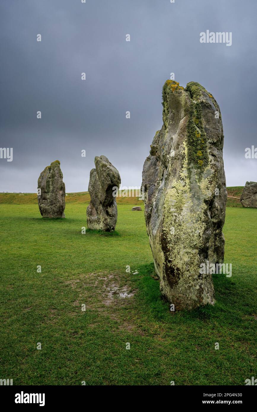 Les anciennes pierres debout du cercle de pierres d'Avebury, Wiltshire, Angleterre Banque D'Images