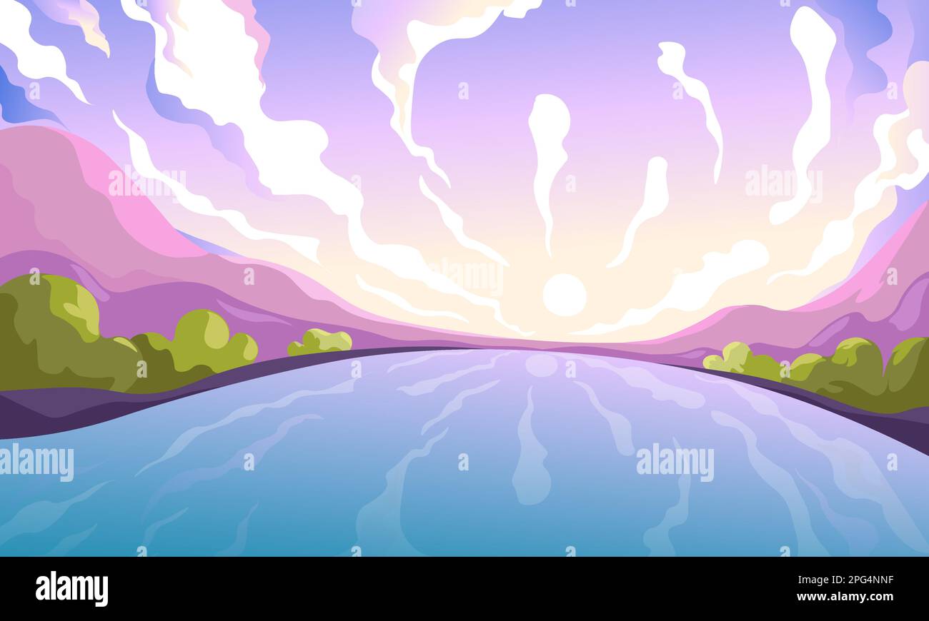 Aube sur le paysage de la rivière. Apaisante peinture rivières ou lac horizon scène de lever de soleil, tôt soleil ciel et montagnes, dessin animé été nature perspective arrière-plan vecteur illustration de l'horizon de paysage Illustration de Vecteur