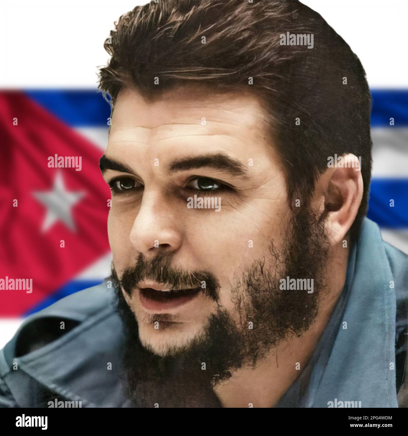 Photo du combattant Ernesto Che Guevara de la révolution cubaine avec le drapeau cubain Banque D'Images
