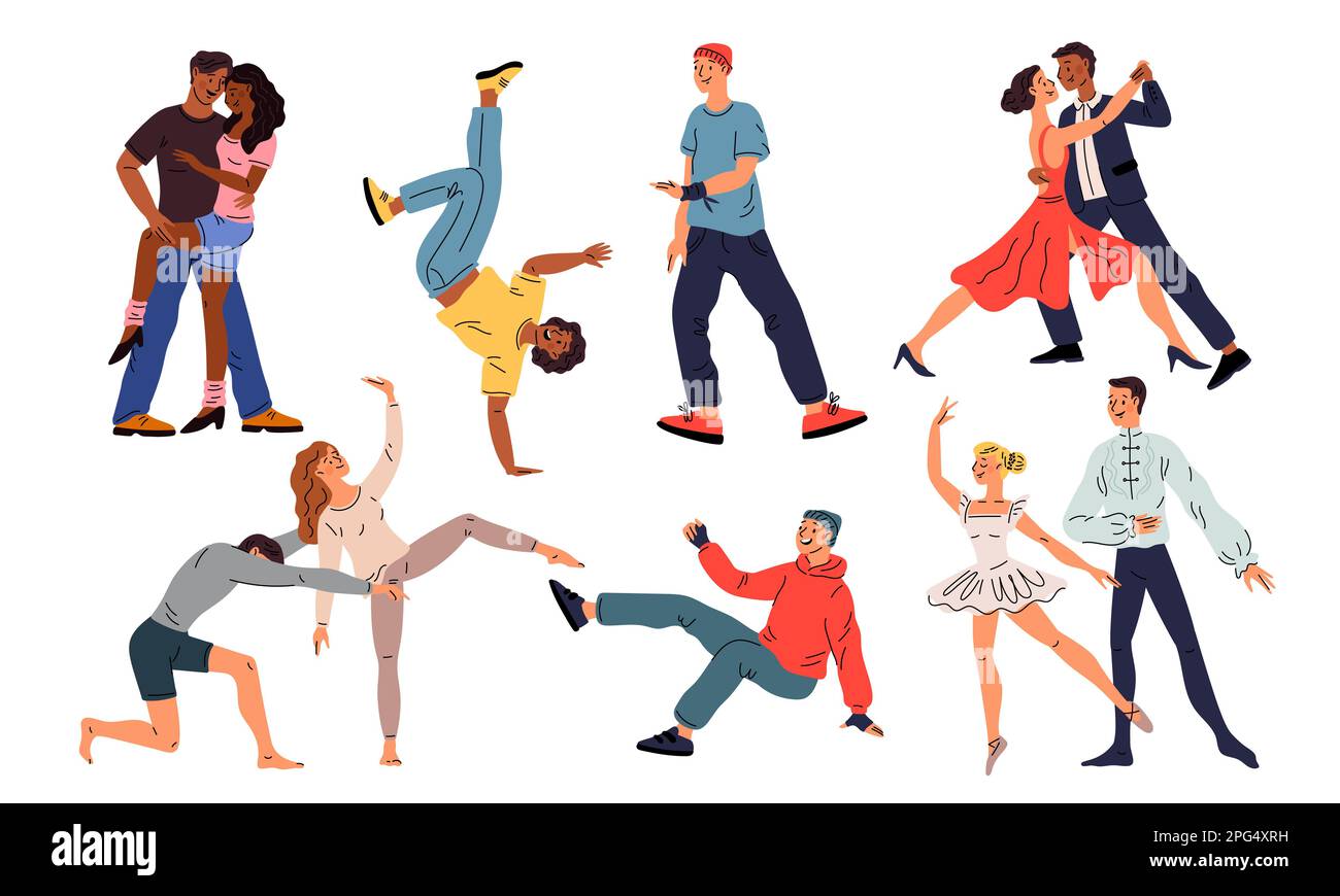 Couples dansants. Exécution de caractères. Hommes et femmes en costumes de scène. Danses sportives modernes. Chorégraphie de salle de bal. Danseurs de ballet et de tango. Club Illustration de Vecteur