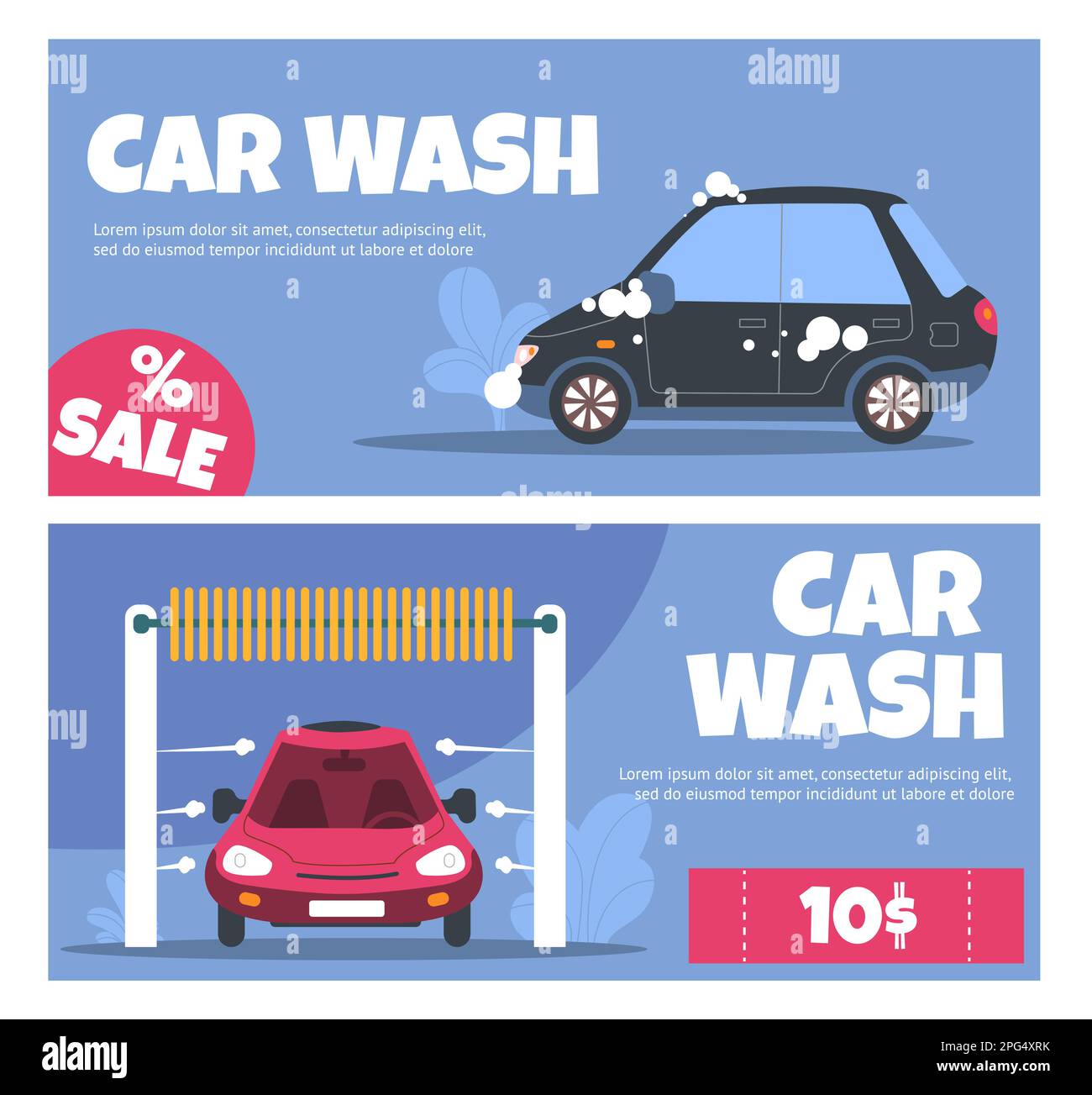 Bannières de service de lavage de voiture. Affiches horizontales avec véhicules en mousse. Station auto autonettoyante. Transport signifie hygiène. Circulaires promotionnelles de la vente de lavage de voiture Illustration de Vecteur