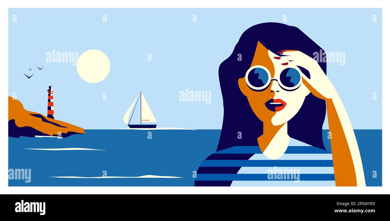 Illustration vectorielle d'une belle fille en lunettes de soleil sur le fond de la mer dans un style rétro Illustration de Vecteur